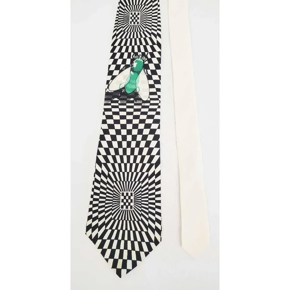 Flamingo Joe Vintage Mens Neck Tie Optical Illusion Black and Ivory Green Fly